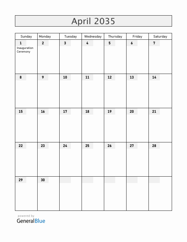 San Marino April 2035 Calendar with Holidays