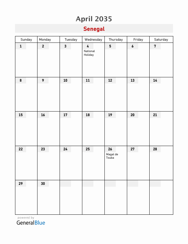Senegal April 2035 Calendar with Holidays