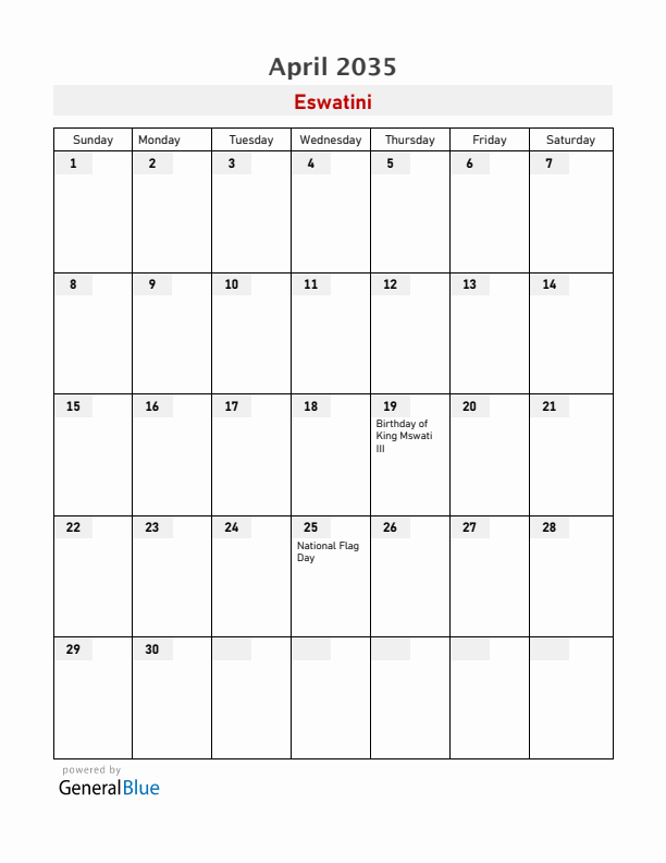Eswatini April 2035 Calendar with Holidays
