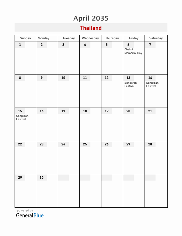 Thailand April 2035 Calendar with Holidays