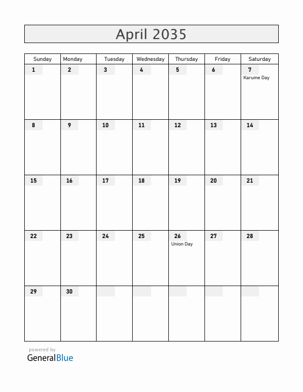 Tanzania April 2035 Calendar with Holidays