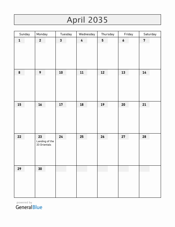 Uruguay April 2035 Calendar with Holidays