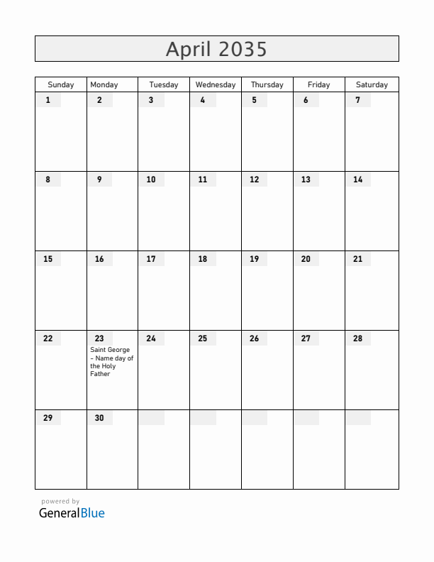 Vatican April 2035 Calendar with Holidays