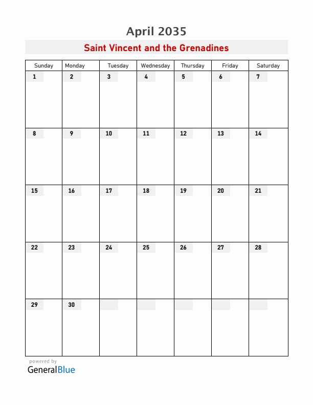 Saint Vincent and the Grenadines April 2035 Calendar with Holidays
