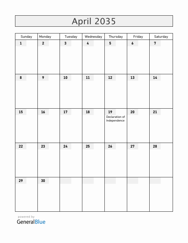 Venezuela April 2035 Calendar with Holidays