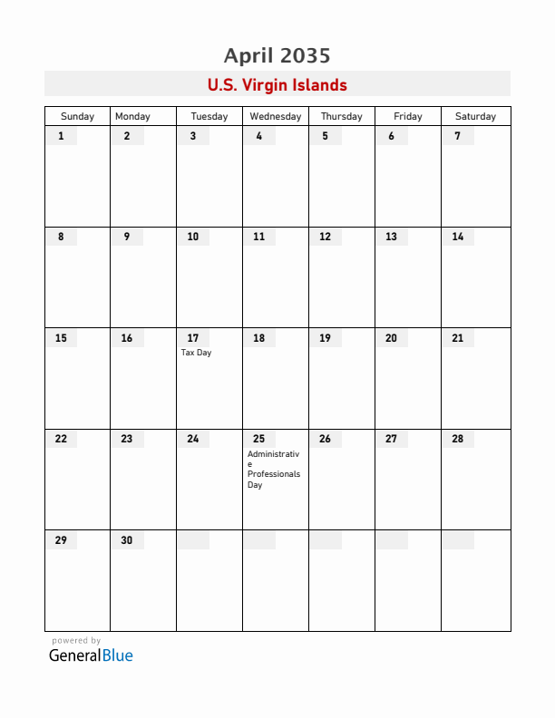 U.S. Virgin Islands April 2035 Calendar with Holidays