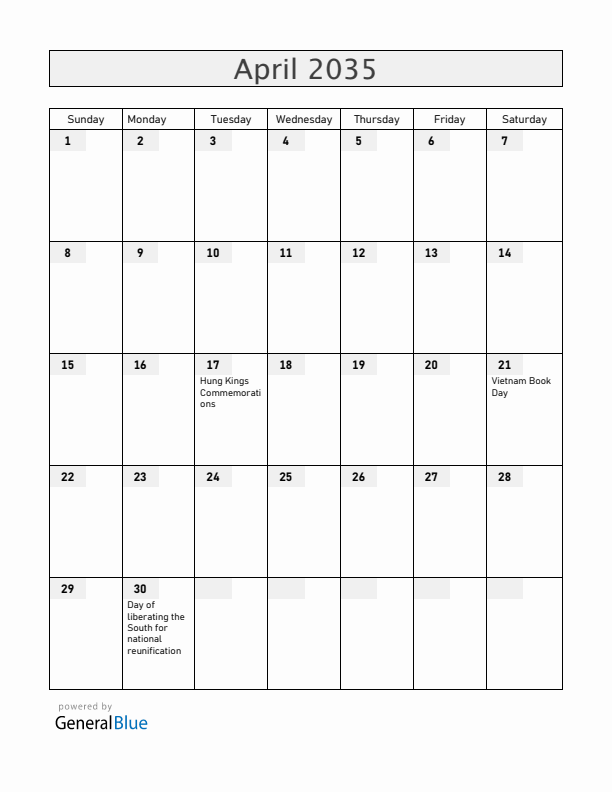 Vietnam April 2035 Calendar with Holidays