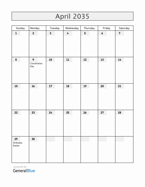 Kosovo April 2035 Calendar with Holidays