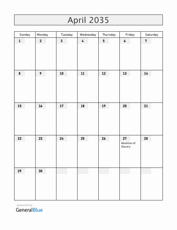 Mayotte April 2035 Calendar with Holidays