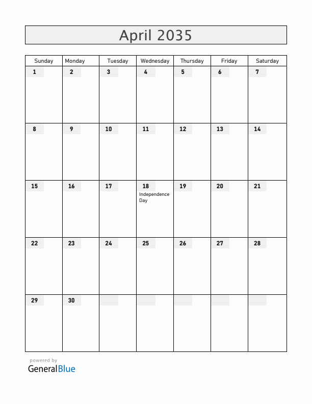 Zimbabwe April 2035 Calendar with Holidays