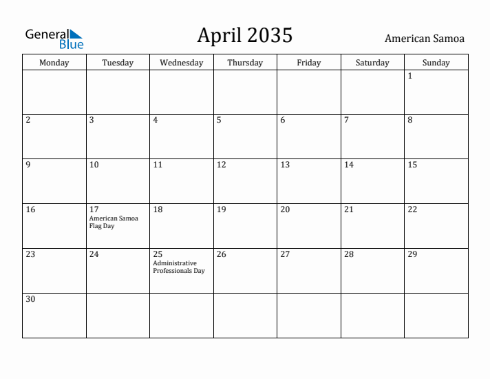 April 2035 Calendar American Samoa