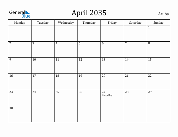 April 2035 Calendar Aruba
