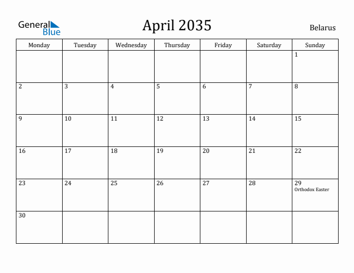 April 2035 Calendar Belarus