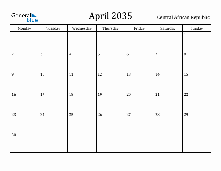 April 2035 Calendar Central African Republic