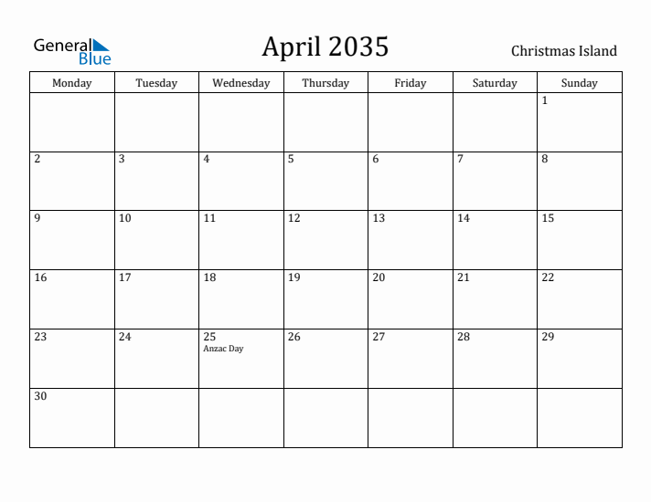 April 2035 Calendar Christmas Island