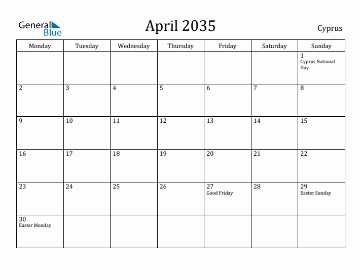 April 2035 Calendar Cyprus