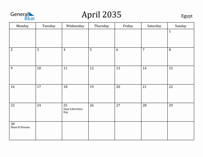 April 2035 Calendar Egypt