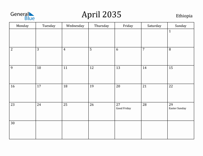 April 2035 Calendar Ethiopia