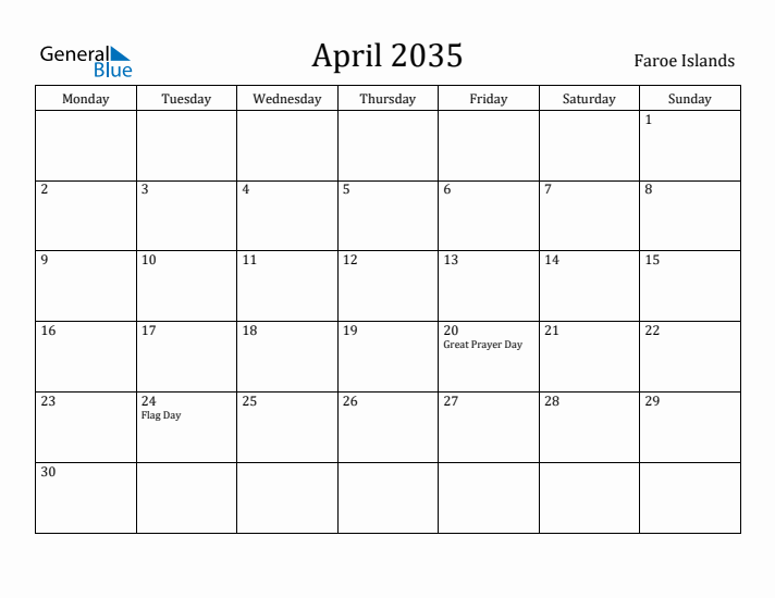 April 2035 Calendar Faroe Islands
