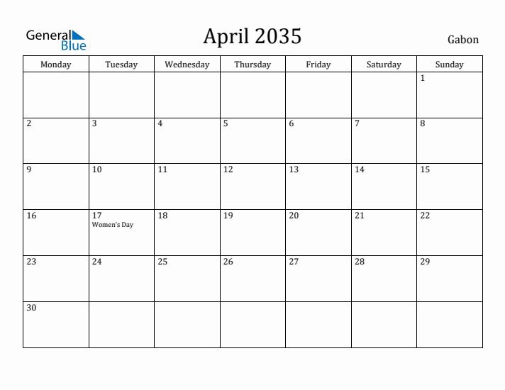 April 2035 Calendar Gabon
