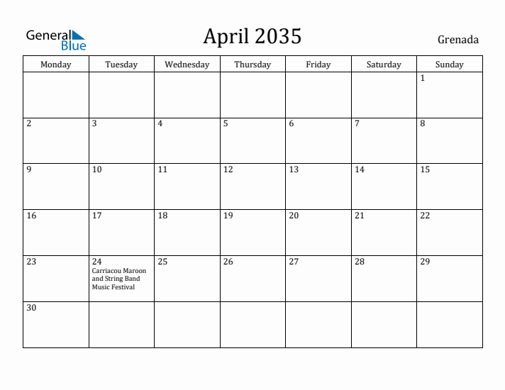 April 2035 Calendar Grenada