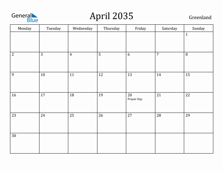 April 2035 Calendar Greenland