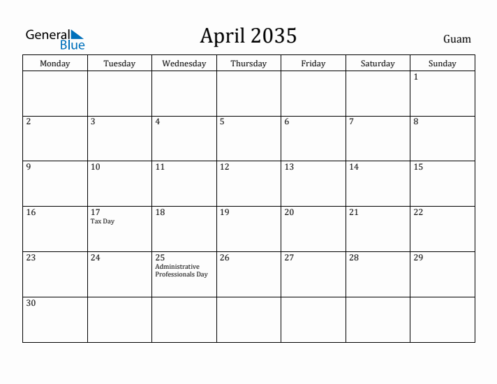 April 2035 Calendar Guam