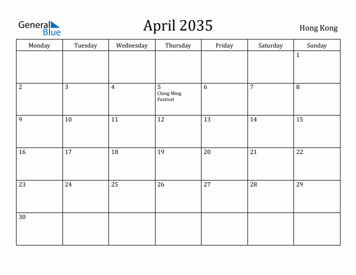 April 2035 Calendar Hong Kong
