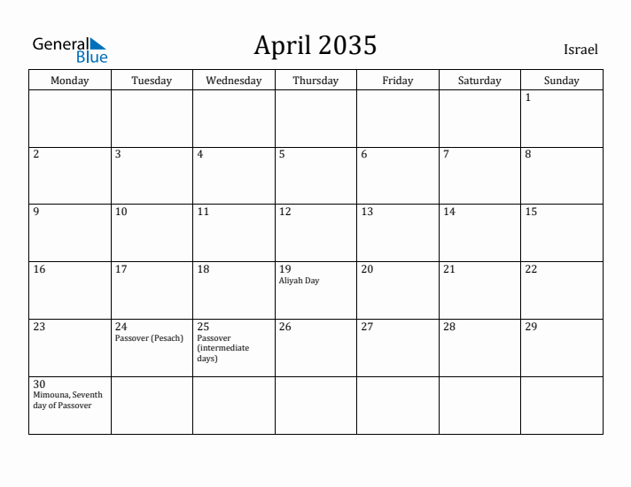 April 2035 Calendar Israel