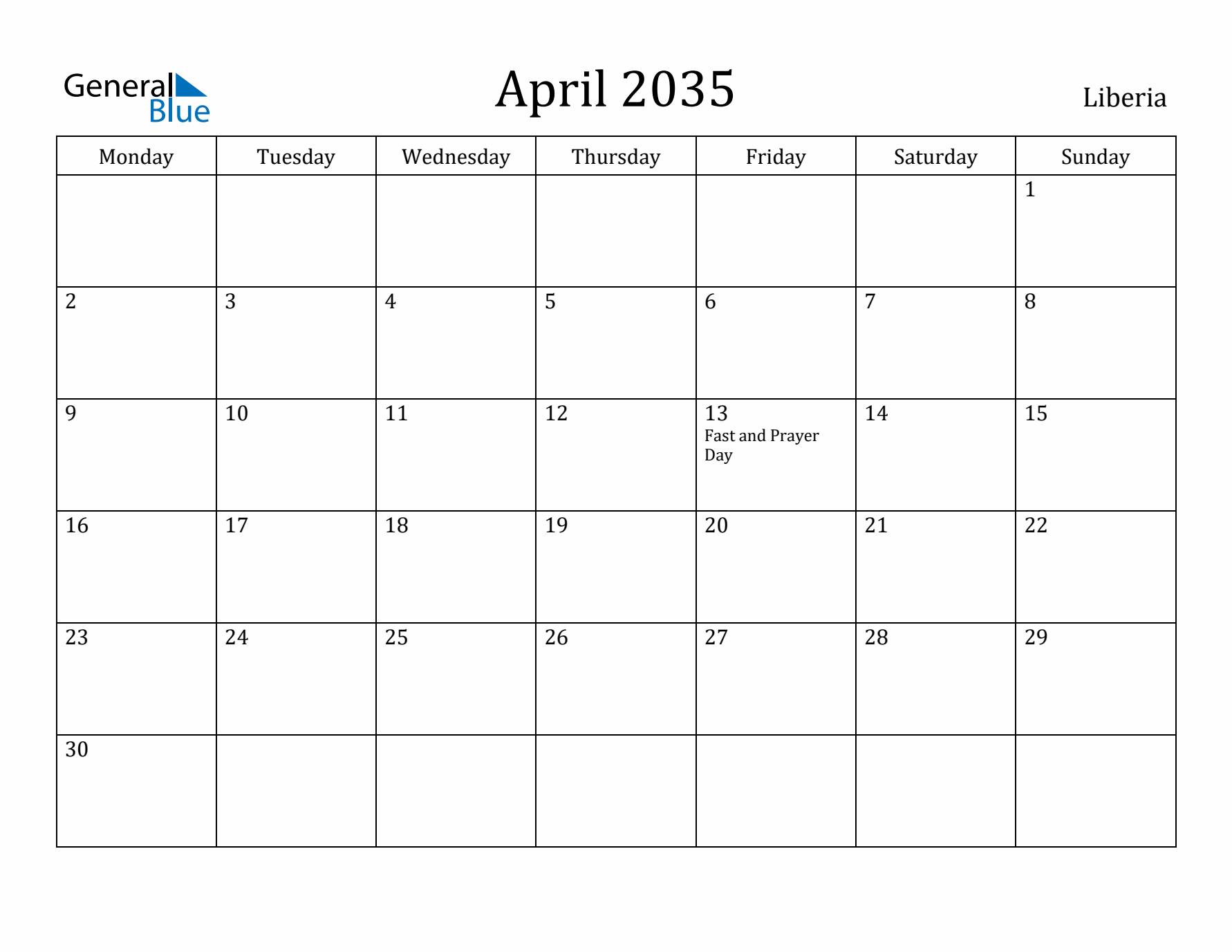 April 2035 Calendar Liberia