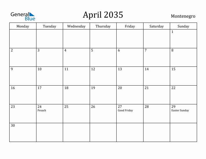 April 2035 Calendar Montenegro
