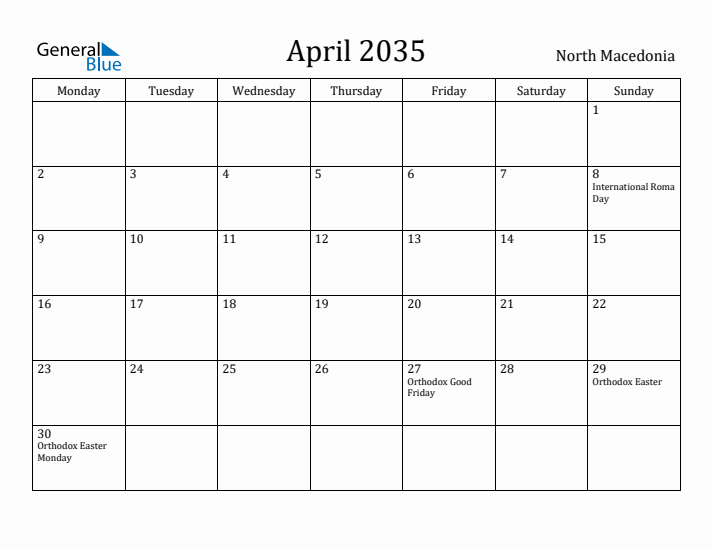 April 2035 Calendar North Macedonia