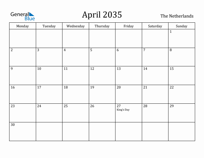 April 2035 Calendar The Netherlands