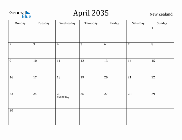 April 2035 Calendar New Zealand