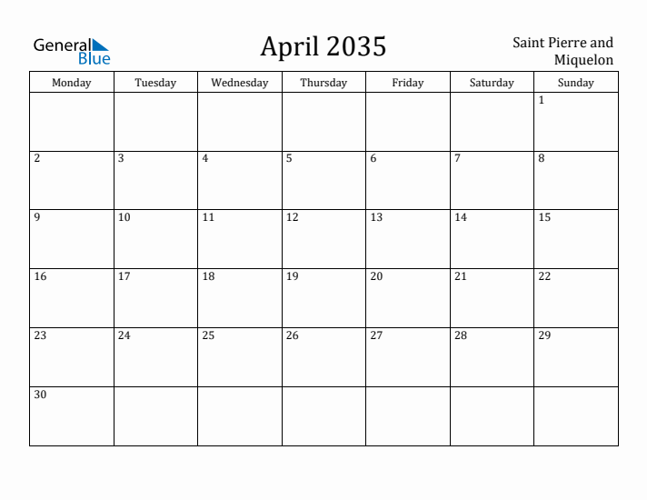 April 2035 Calendar Saint Pierre and Miquelon