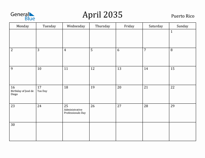 April 2035 Calendar Puerto Rico