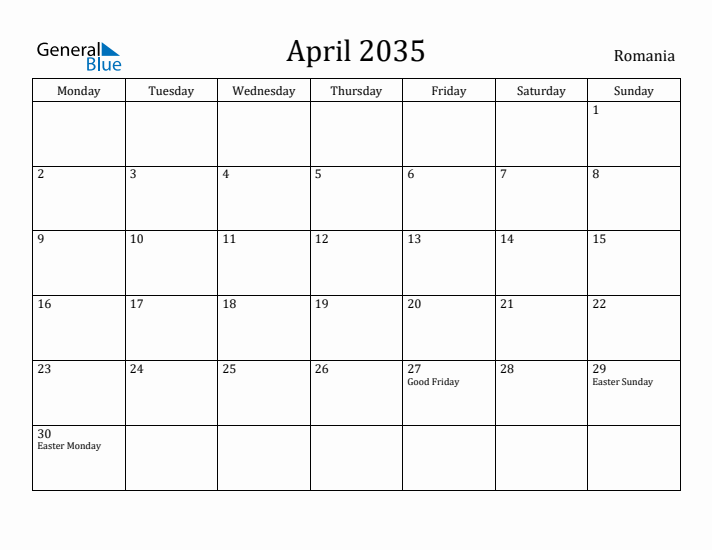 April 2035 Calendar Romania