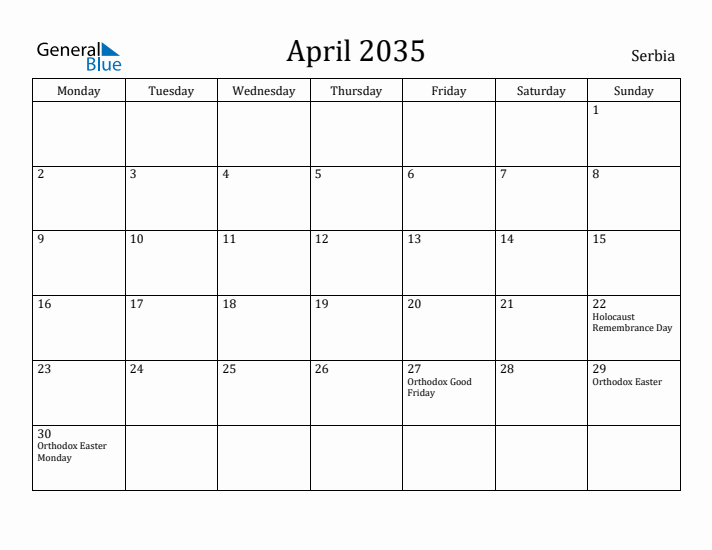 April 2035 Calendar Serbia