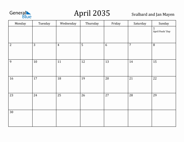 April 2035 Calendar Svalbard and Jan Mayen