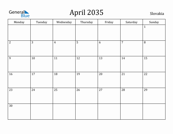 April 2035 Calendar Slovakia