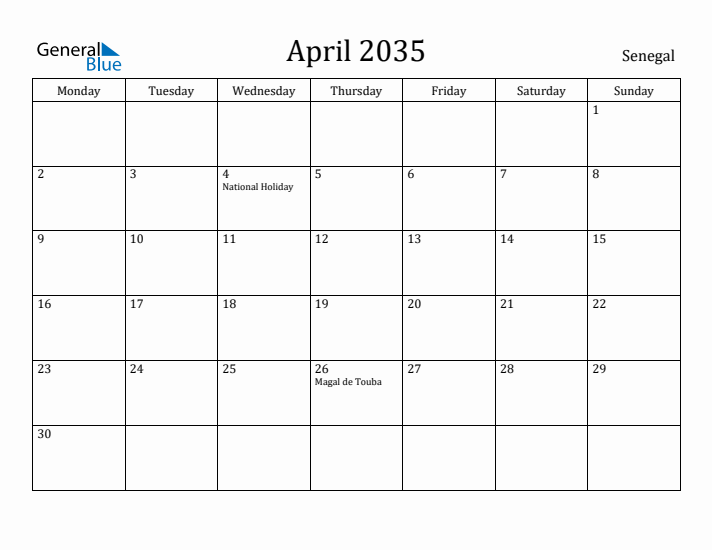 April 2035 Calendar Senegal