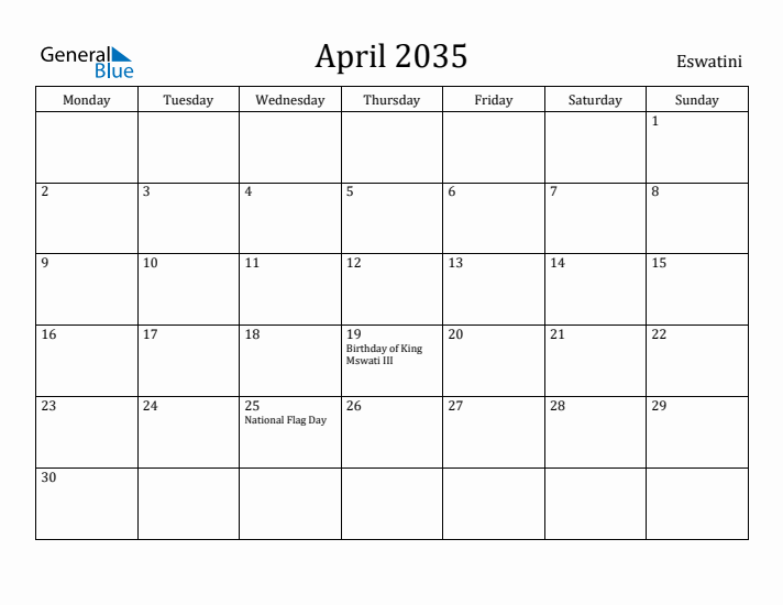 April 2035 Calendar Eswatini