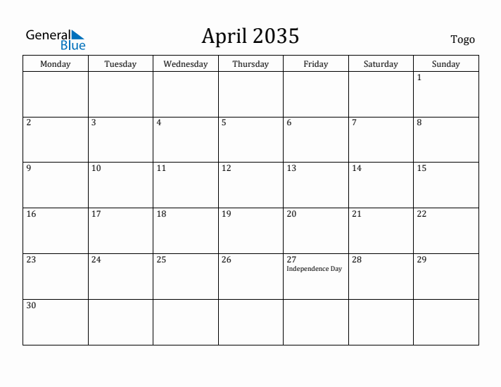 April 2035 Calendar Togo