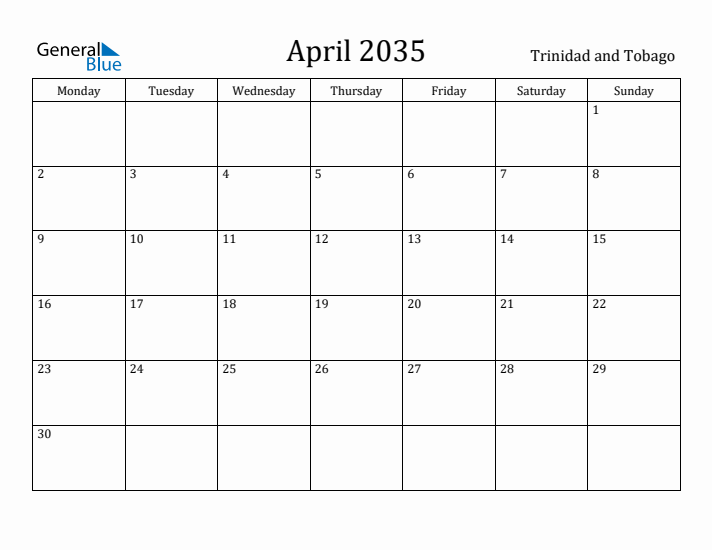 April 2035 Calendar Trinidad and Tobago