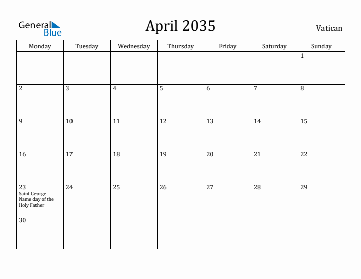 April 2035 Calendar Vatican