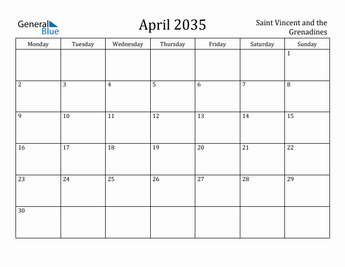 April 2035 Calendar Saint Vincent and the Grenadines