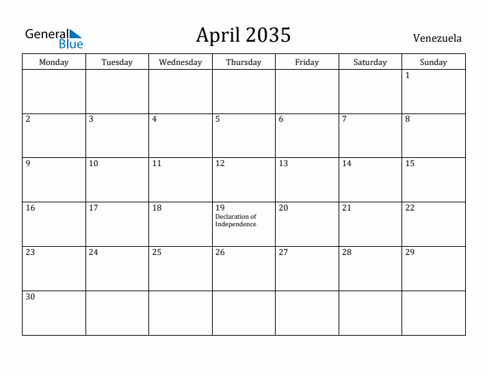 April 2035 Calendar Venezuela