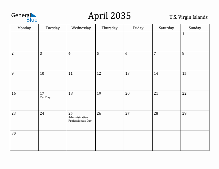 April 2035 Calendar U.S. Virgin Islands