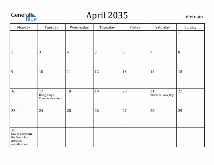 April 2035 Calendar Vietnam