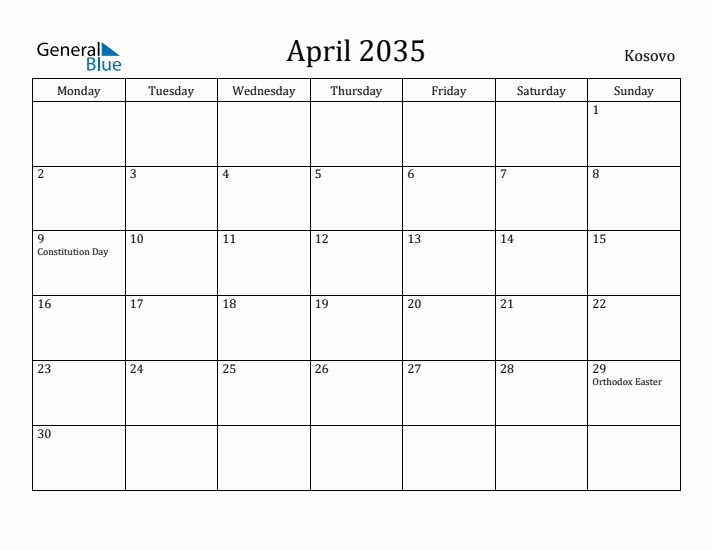 April 2035 Calendar Kosovo